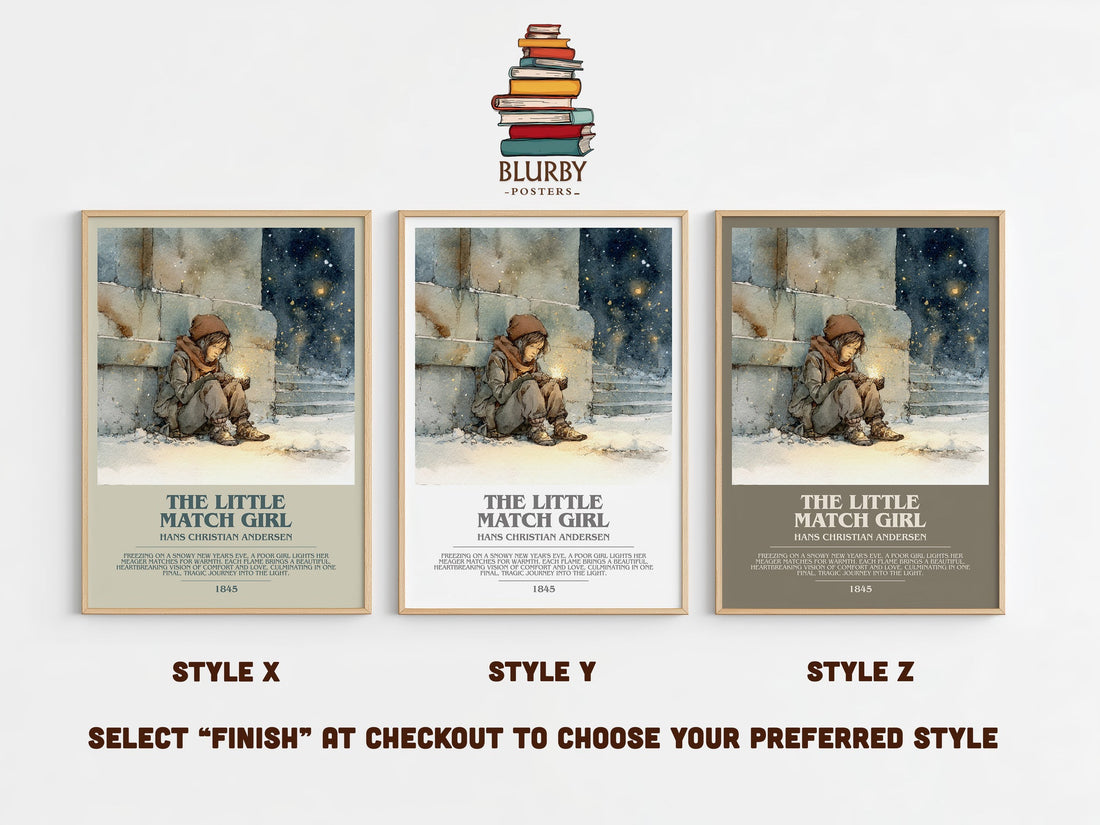 The Little Match Girl bookish print in frame leaning in hallway – childrens wall art (mockup)