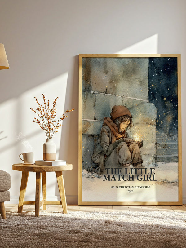 The Little Match Girl watercolour print in frame leaning in hallway – childrens wall art