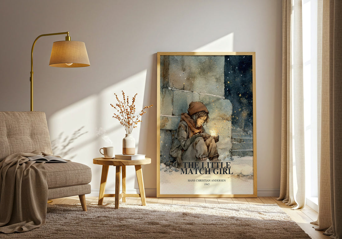 The Little Match Girl watercolour print in frame leaning in hallway – childrens wall art (mockup)