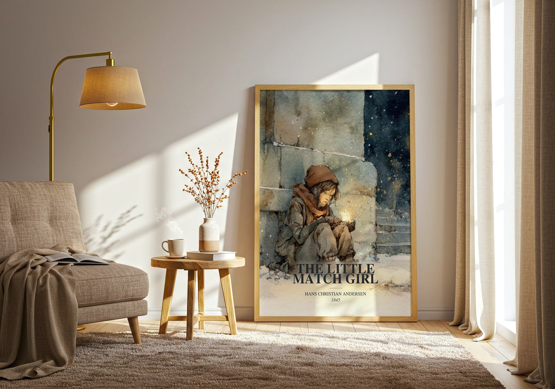 The Little Match Girl watercolour print in frame leaning in hallway – childrens wall art