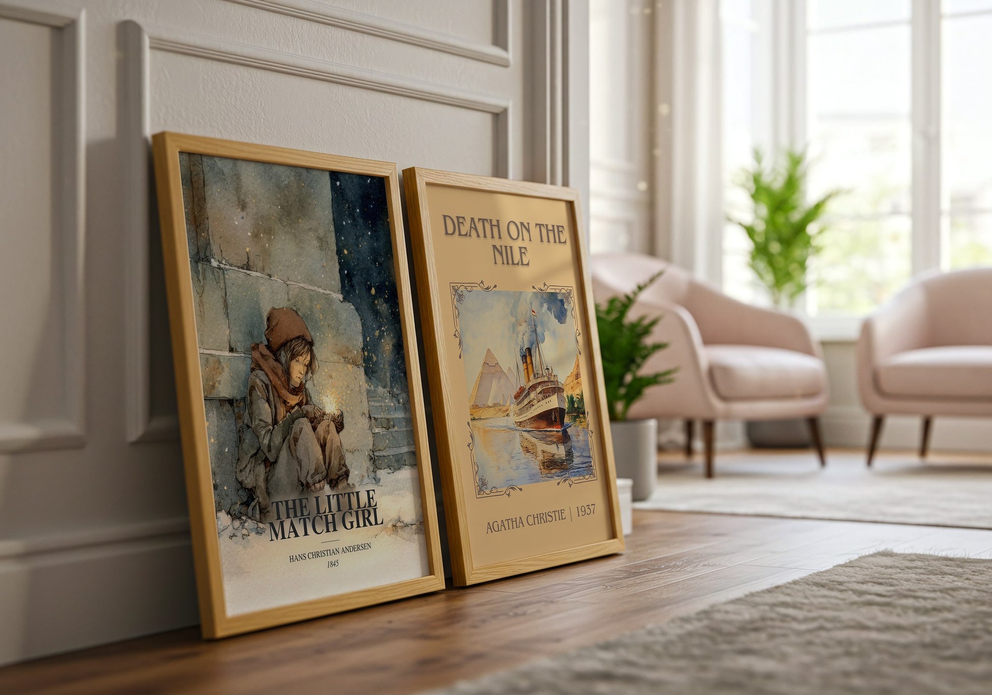 The Little Match Girl watercolour print framed by window – literary home decor