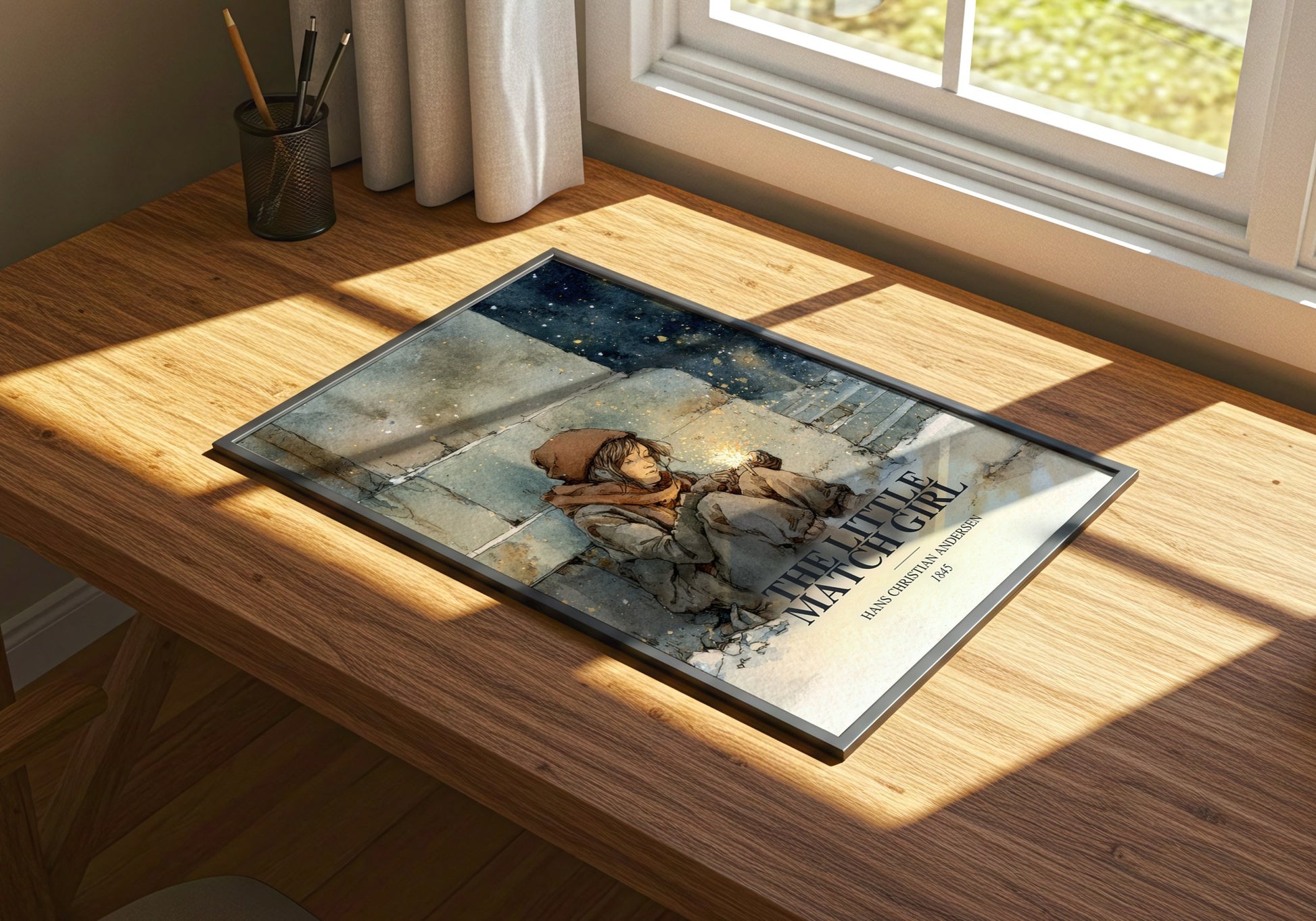 The Little Match Girl watercolour book poster framed on wall – childrens wall art
