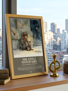 The Little Match Girl Bookish Wall Art by Hans Christian Andersen – framed print on a city-view windowsill
