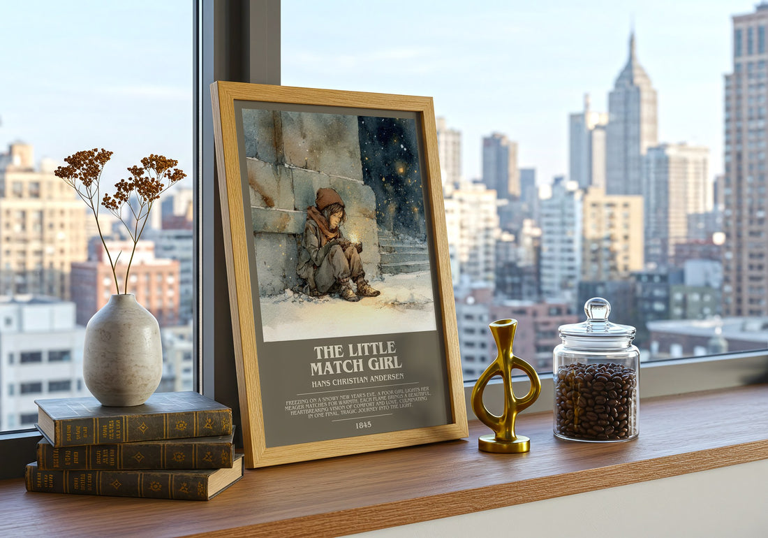 The Little Match Girl Bookish Wall Art by Hans Christian Andersen – framed print on a city-view windowsill