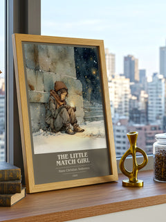 The Little Match Girl Book Cover Poster by Hans Christian Andersen – framed print on a city-view windowsill