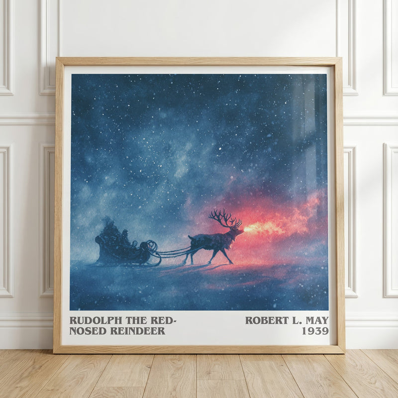Rudolph the Red-Nosed Reindeer literary print in frame leaning in hallway – childrens wall art