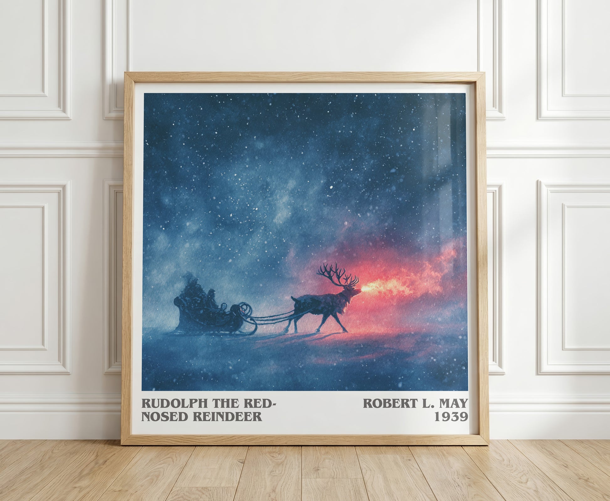 Rudolph the Red-Nosed Reindeer literary print in frame leaning in hallway – childrens wall art