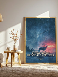 Rudolph The Red-Nosed Reindeer watercolour print in frame leaning in hallway – childrens wall art