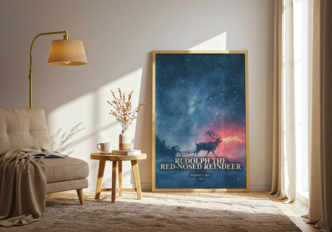 Rudolph The Red-Nosed Reindeer watercolour print in frame leaning in hallway – childrens wall art (mockup)