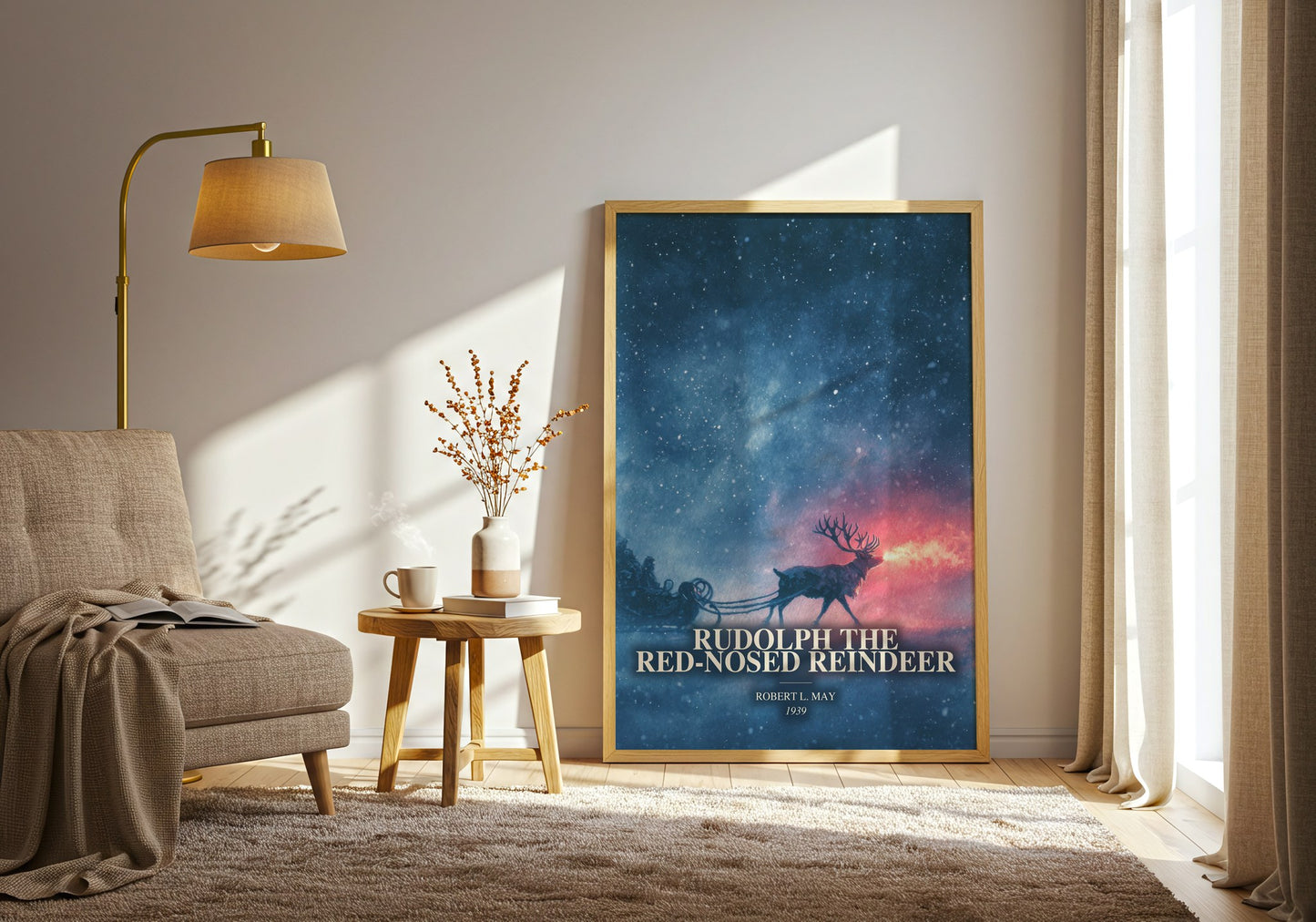 Rudolph The Red-Nosed Reindeer watercolour print in frame leaning in hallway – childrens wall art