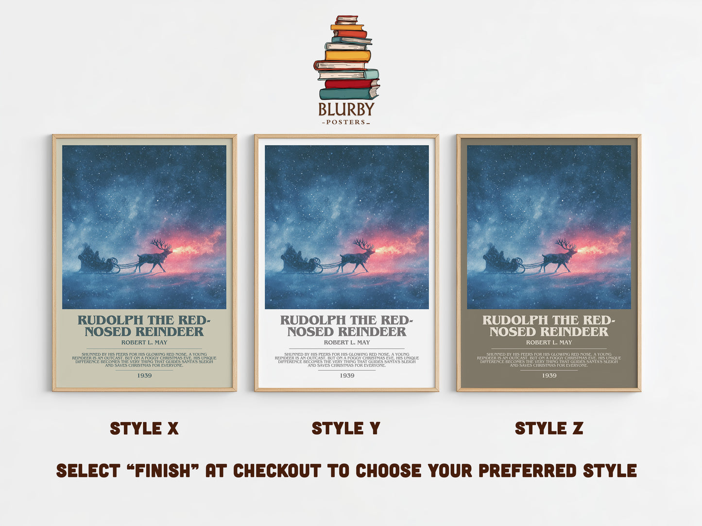 Rudolph the Red-Nosed Reindeer bookish print in frame leaning in hallway – childrens wall art