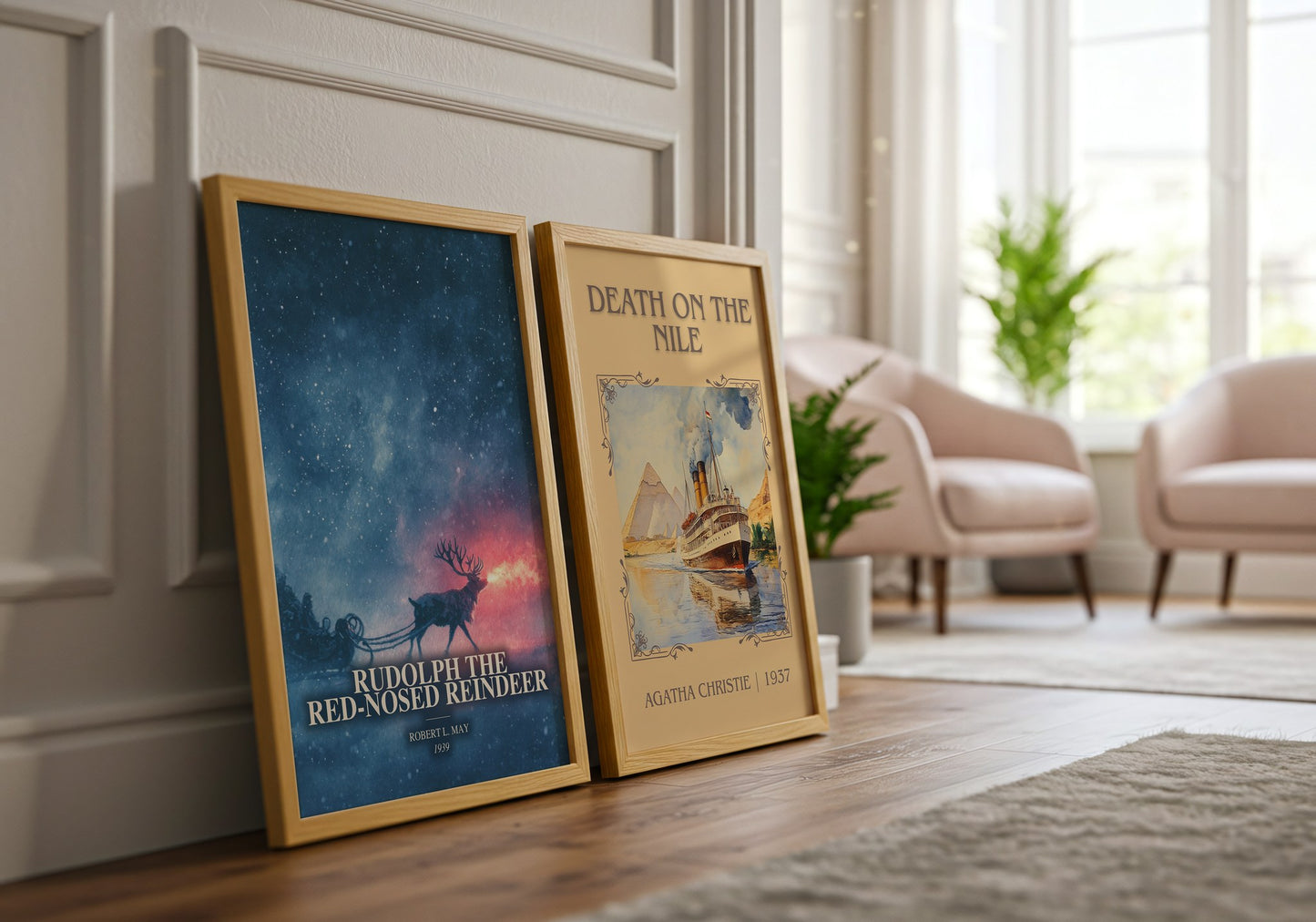 Rudolph The Red-Nosed Reindeer watercolour print framed by window – literary home decor