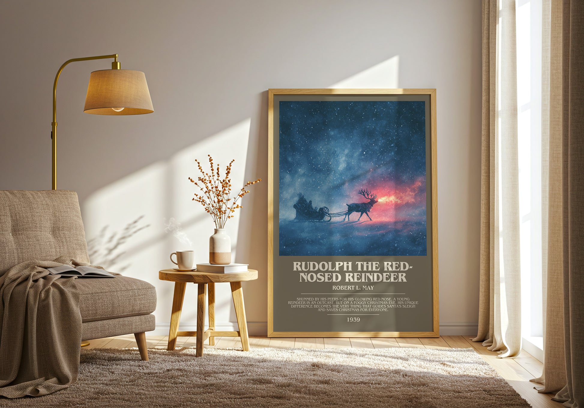 Rudolph the Red-Nosed Reindeer bookish print framed by window – literary home decor