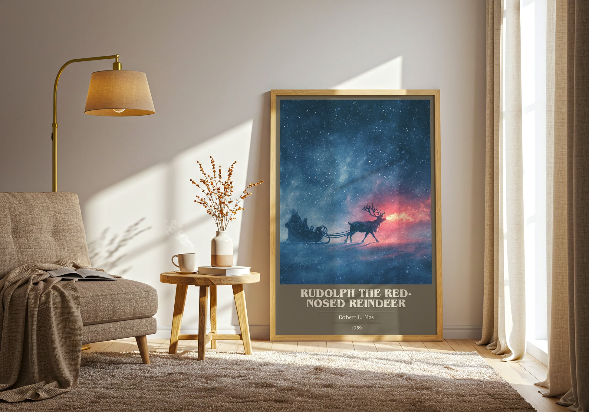 Rudolph the Red-Nosed Reindeer book cover print framed by window – literary home decor