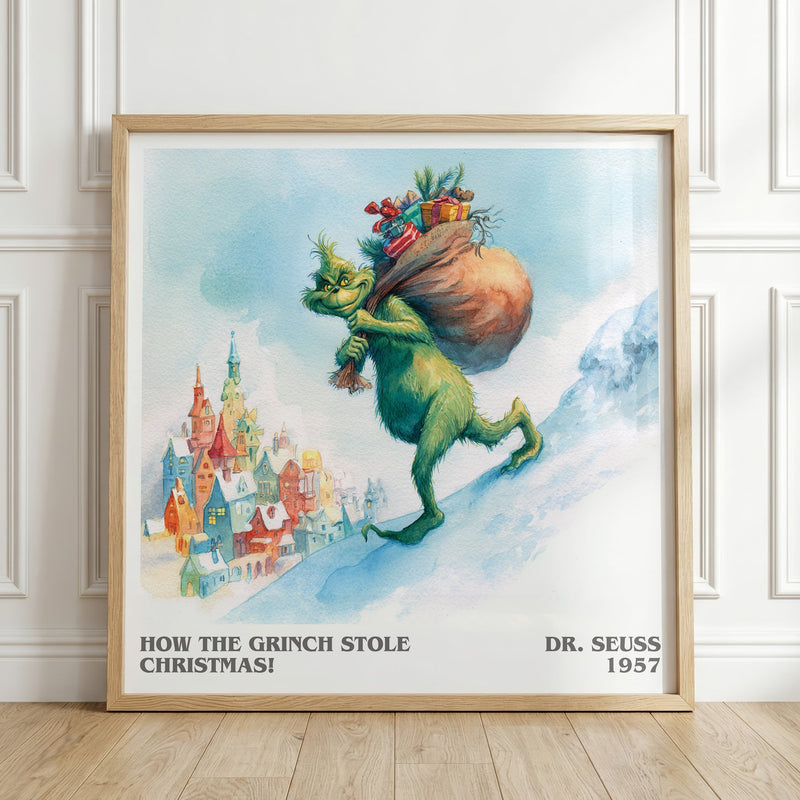How the Grinch Stole Christmas literary print in frame leaning in hallway – childrens wall art