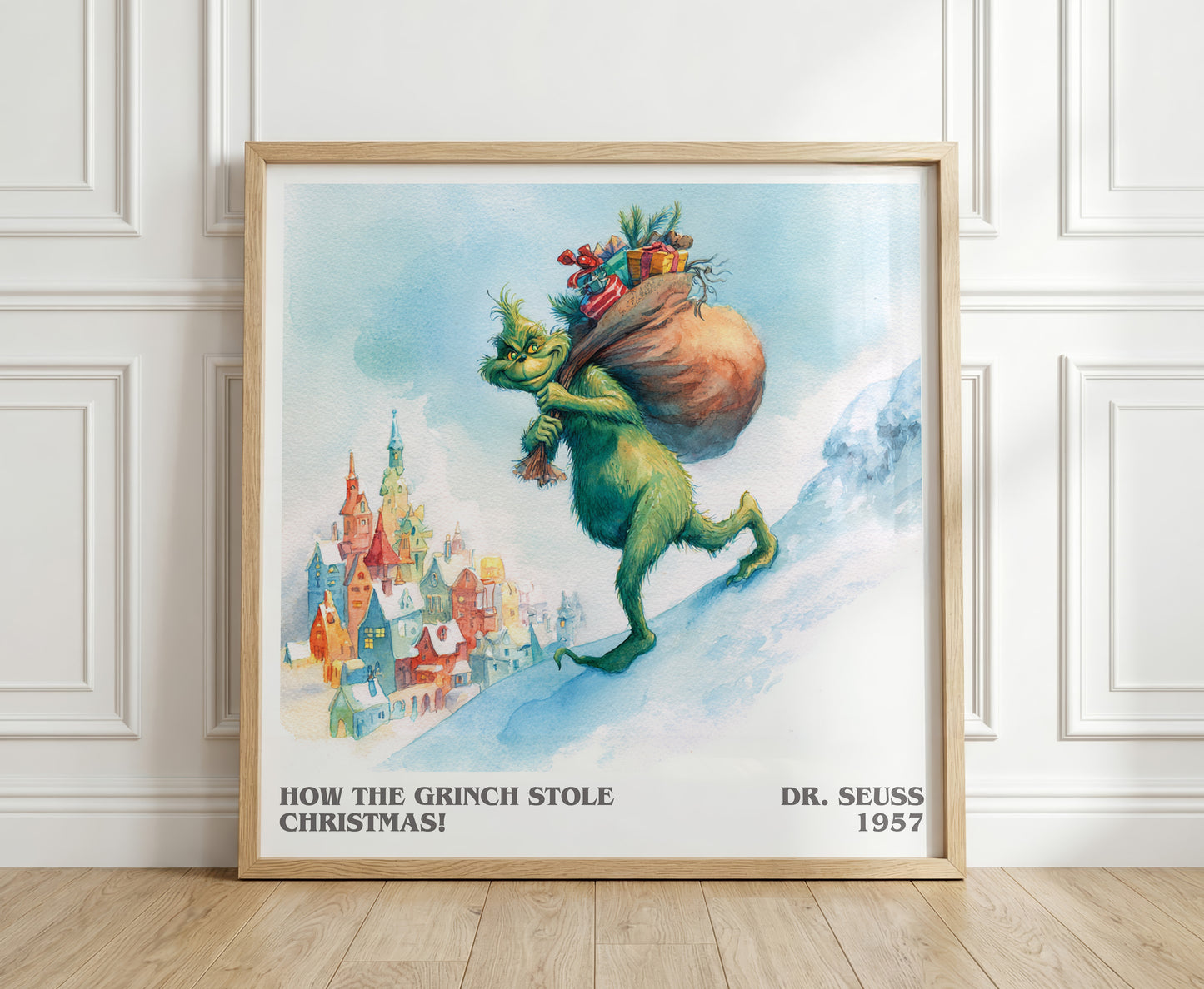 How the Grinch Stole Christmas literary print in frame leaning in hallway – childrens wall art