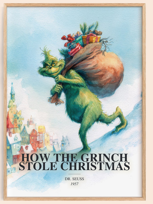 How The Grinch Stole Christmas watercolour book poster by Dr. Seuss – framed literary art print
