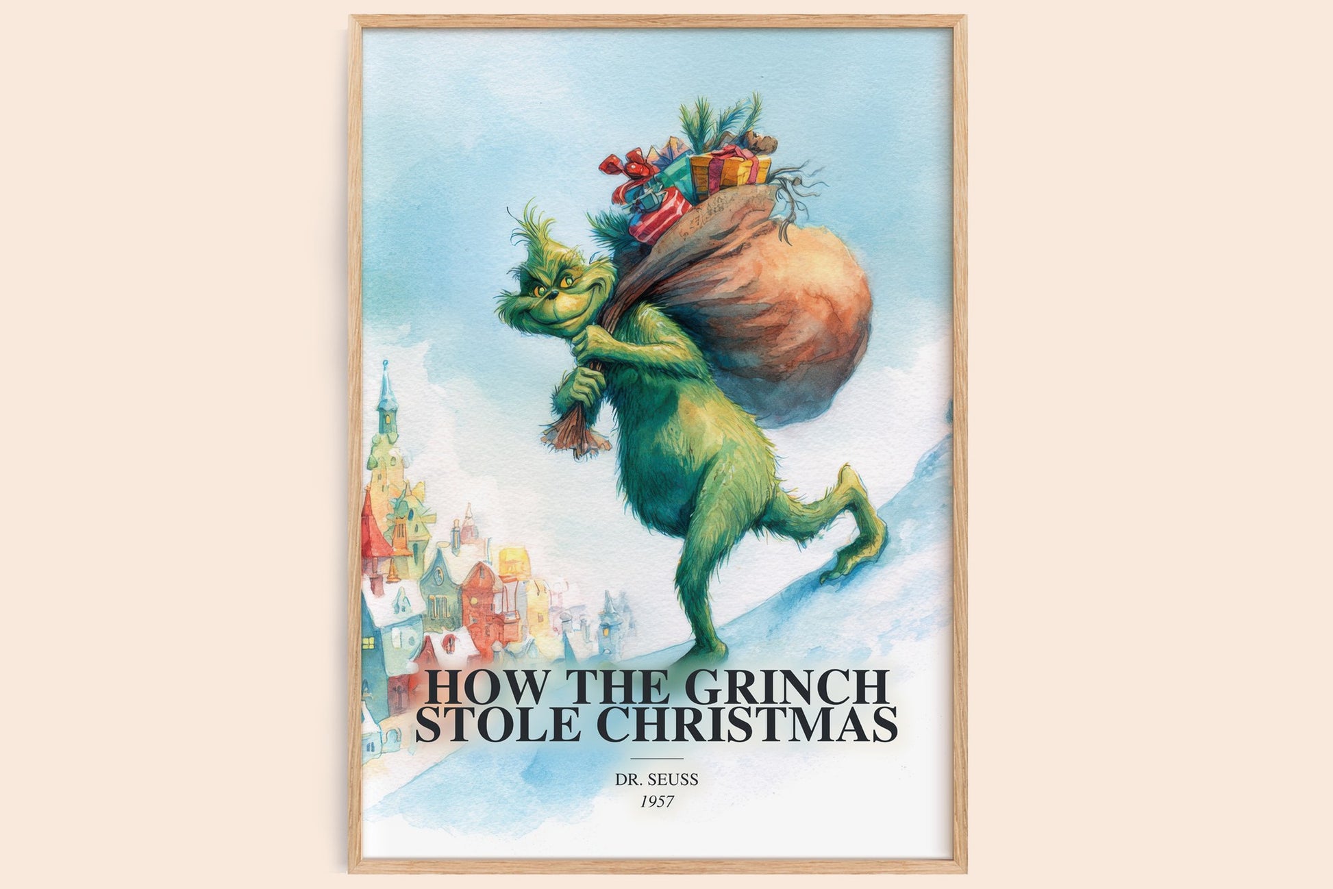 How The Grinch Stole Christmas watercolour book poster by Dr. Seuss – framed literary art print
