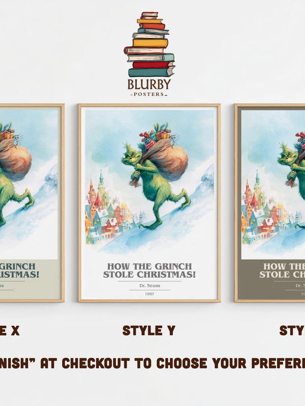 How the Grinch Stole Christmas book cover print in frame leaning in hallway – childrens wall art