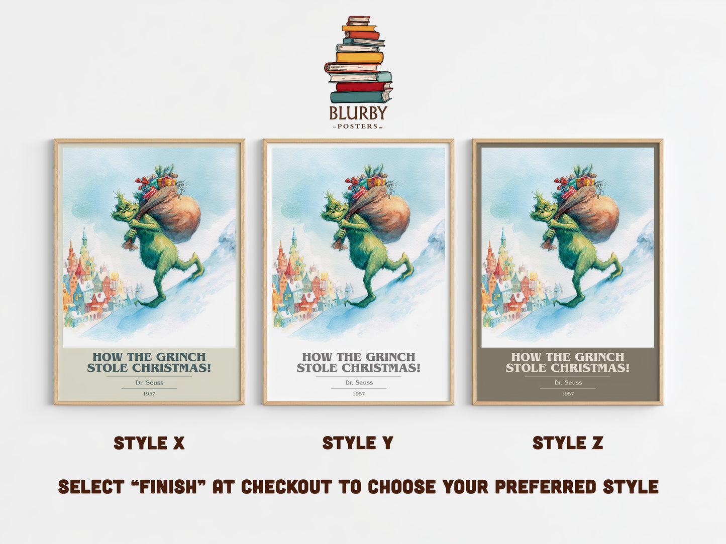How the Grinch Stole Christmas book cover print in frame leaning in hallway – childrens wall art