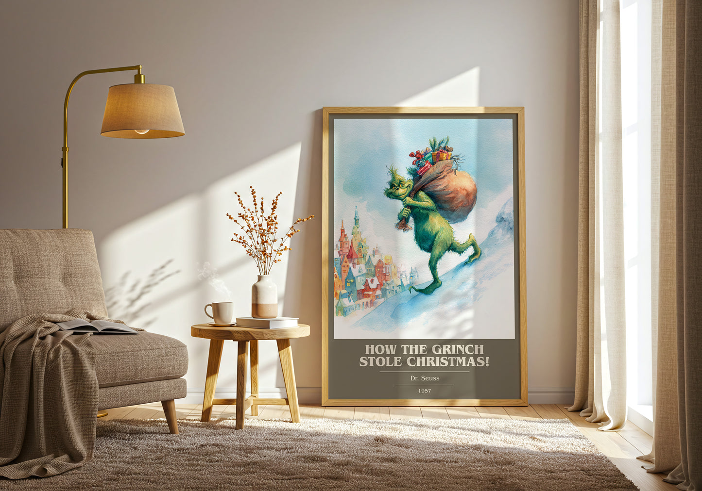 How the Grinch Stole Christmas book cover print framed by window – literary home decor