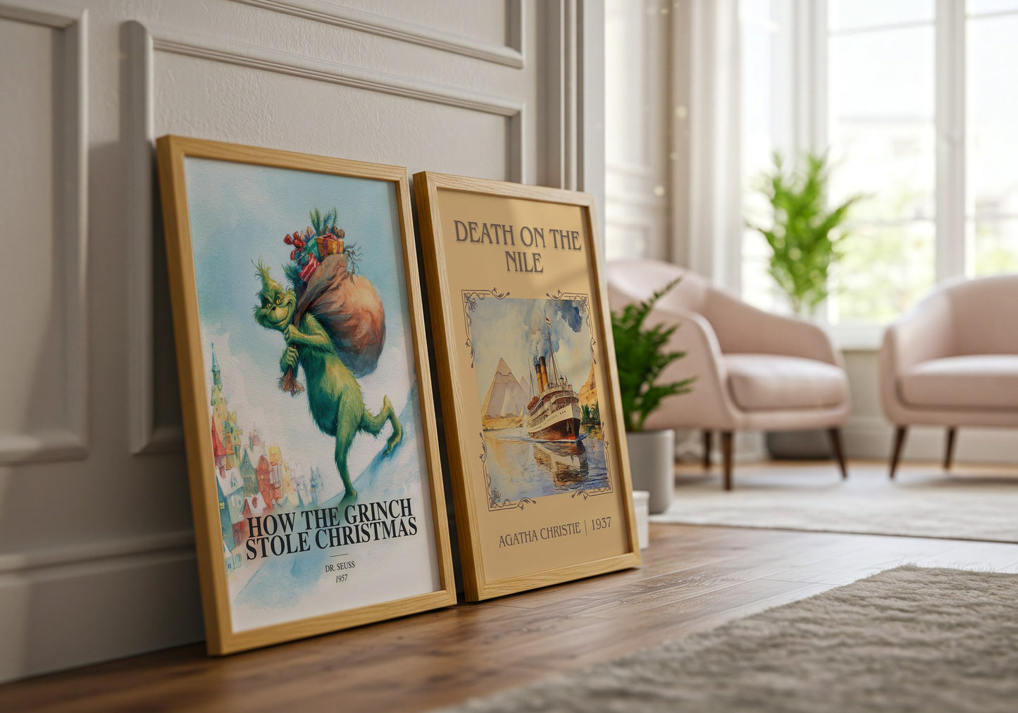 How The Grinch Stole Christmas watercolour print framed by window – literary home decor