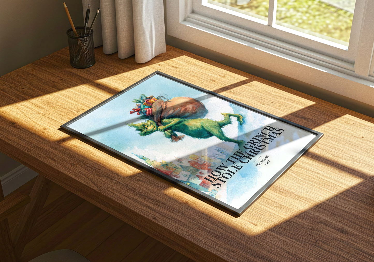 How The Grinch Stole Christmas watercolour book poster framed on wall – childrens wall art