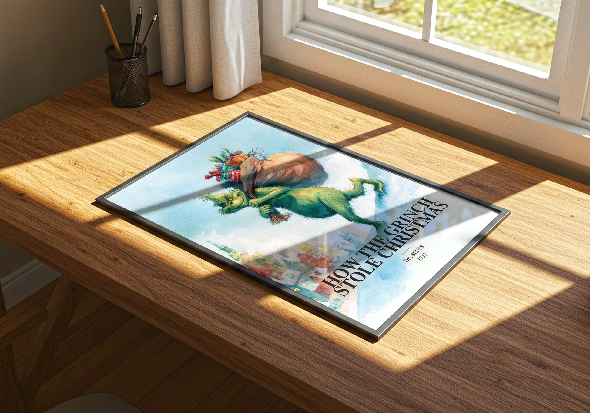 How The Grinch Stole Christmas watercolour book poster framed on wall – childrens wall art