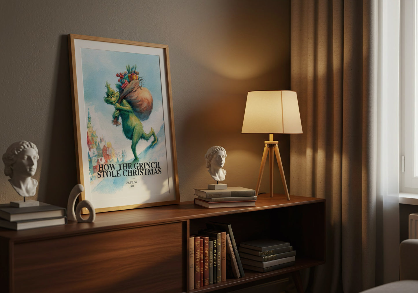 How The Grinch Stole Christmas watercolour print on bookshelf – Dr. Seuss fan gift