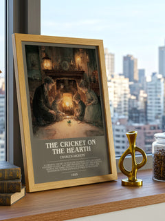 The Cricket On The Hearth Bookish Wall Art by Charles Dickens – framed print on a city-view windowsill