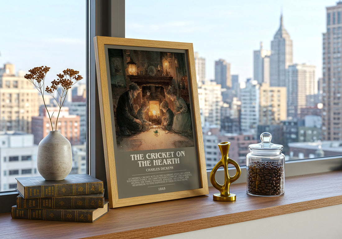 The Cricket On The Hearth Bookish Wall Art by Charles Dickens – framed print on a city-view windowsill