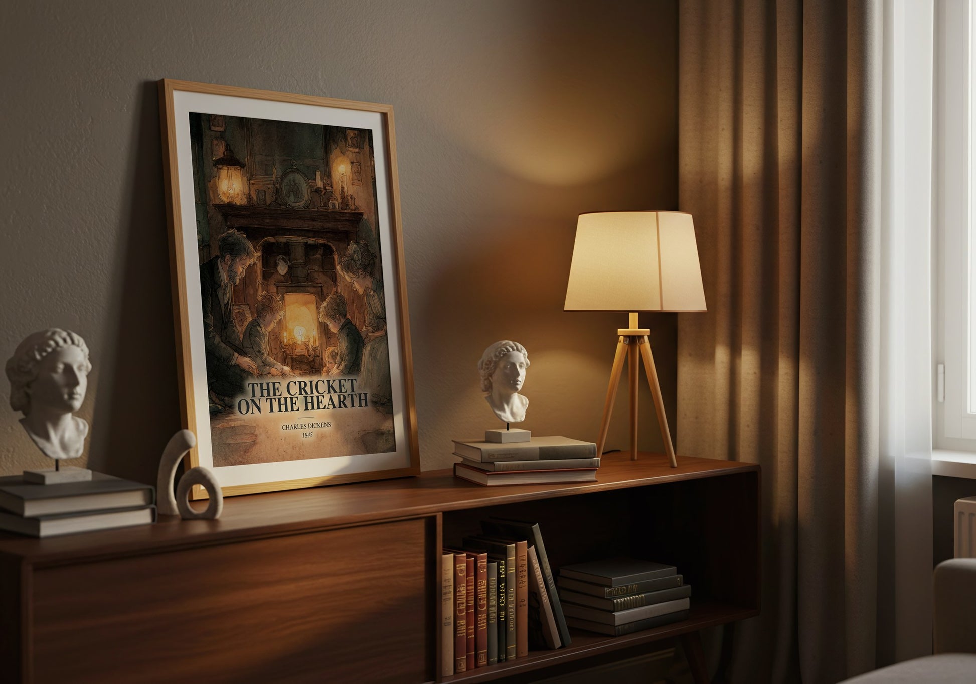 The Cricket On The Hearth watercolour print on bookshelf – Charles Dickens fan gift