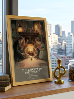 The Cricket On The Hearth Book Cover Poster by Charles Dickens – framed print on a city-view windowsill