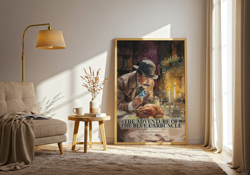 The Adventure Of The Blue Carbuncle watercolour print in frame leaning in hallway – mystery wall art