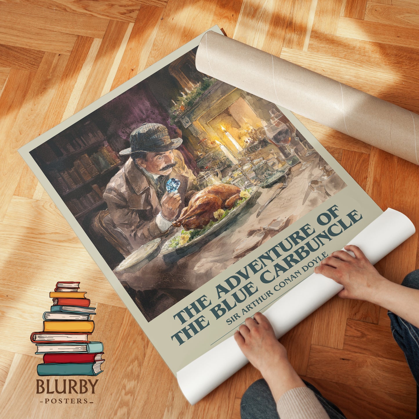 The Adventure Of The Blue Carbuncle bookish print on bookshelf – Sir Arthur Conan Doyle fan gift