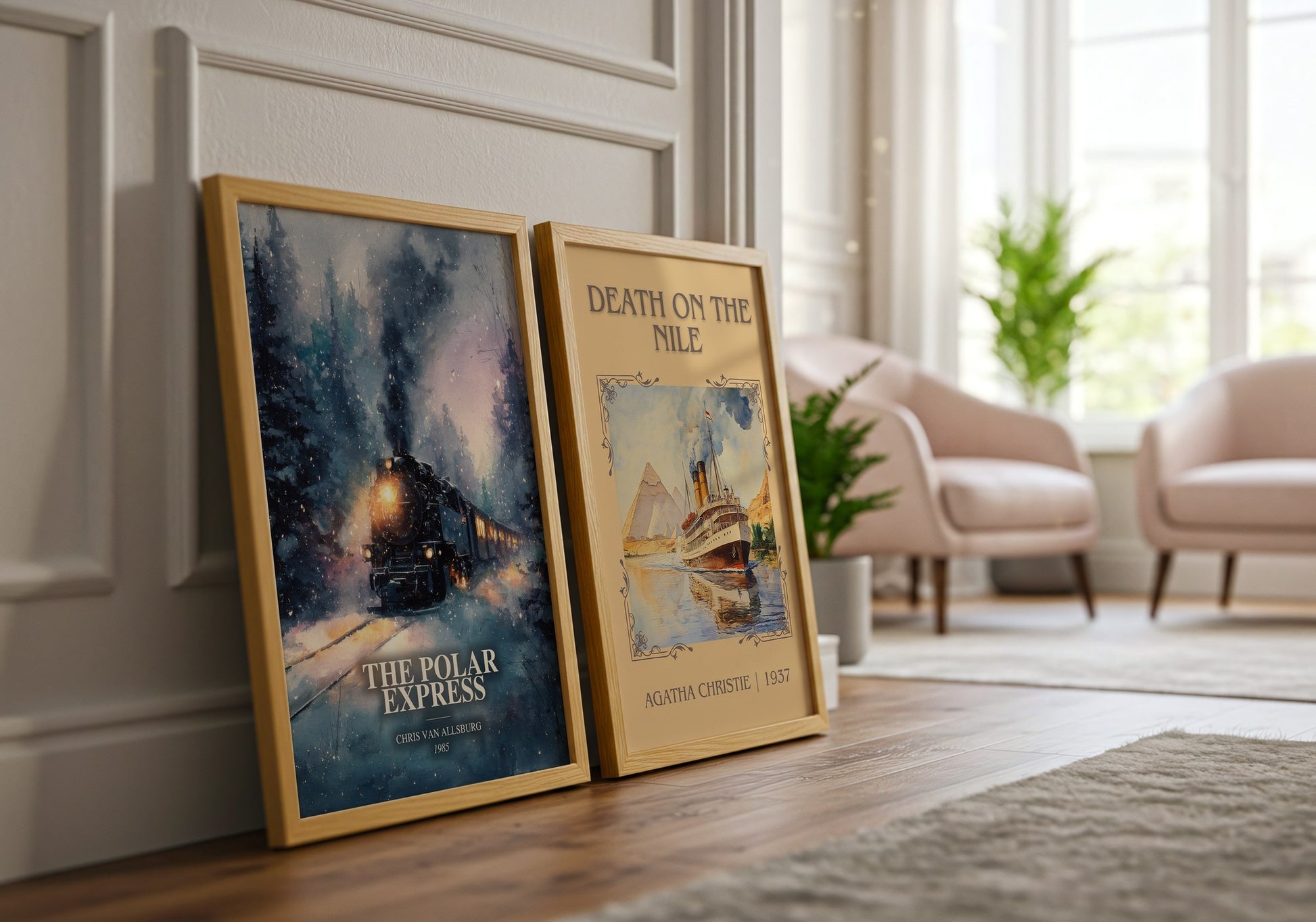 The Polar Express watercolour print framed by window – literary home decor