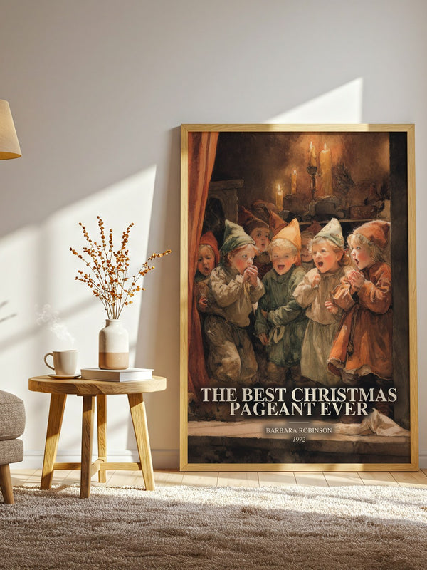 The Best Christmas Pageant Ever watercolour print in frame leaning in hallway – childrens wall art