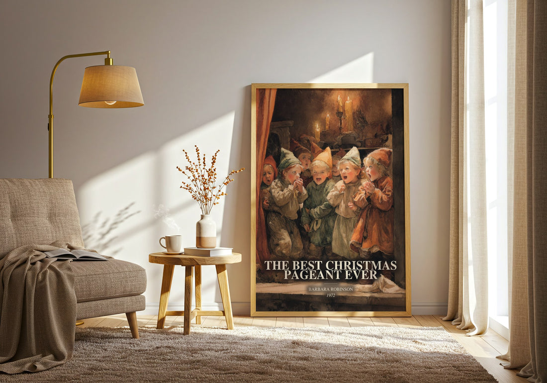The Best Christmas Pageant Ever watercolour print in frame leaning in hallway – childrens wall art (mockup)