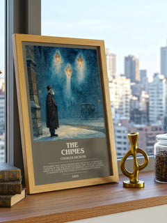 The Chimes Bookish Wall Art by Charles Dickens – framed print on a city-view windowsill