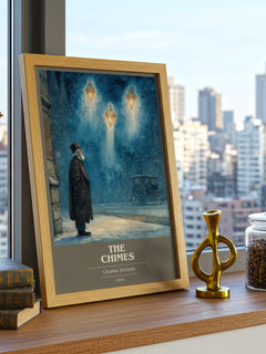 The Chimes Book Cover Poster by Charles Dickens – framed print on a city-view windowsill