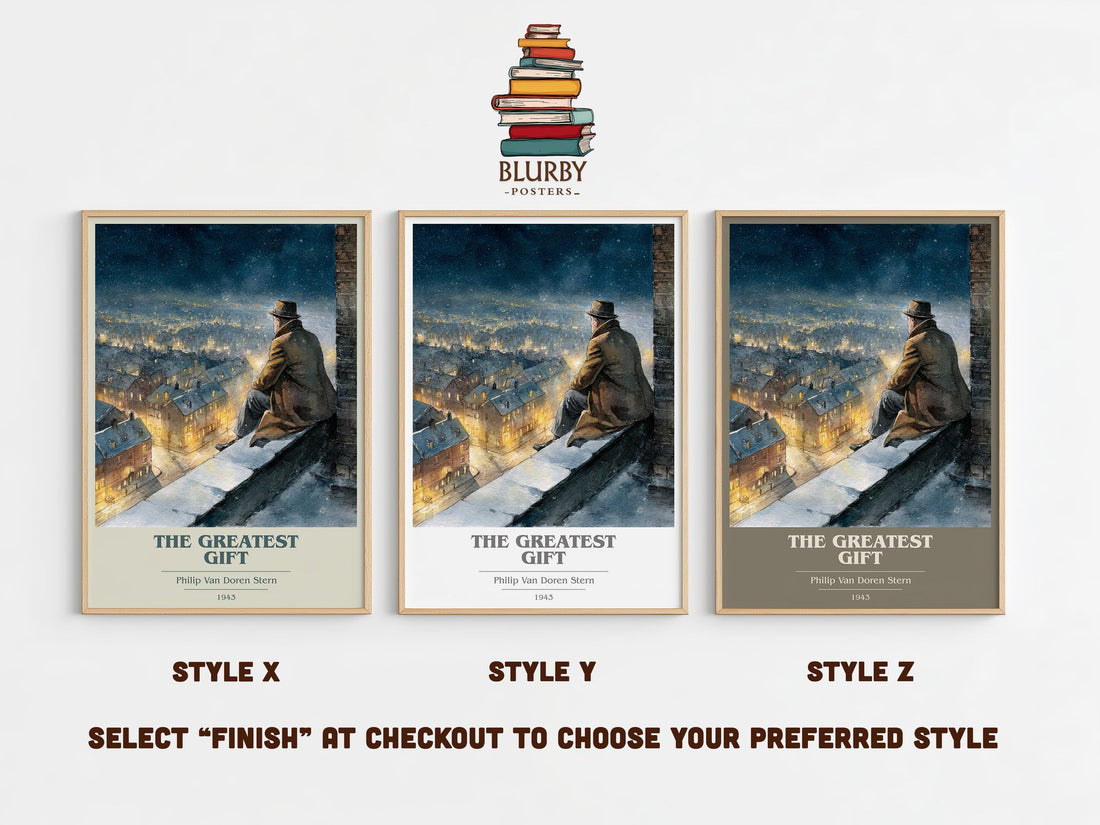 The Greatest Gift book cover print in frame leaning in hallway – classic literature wall art (mockup)