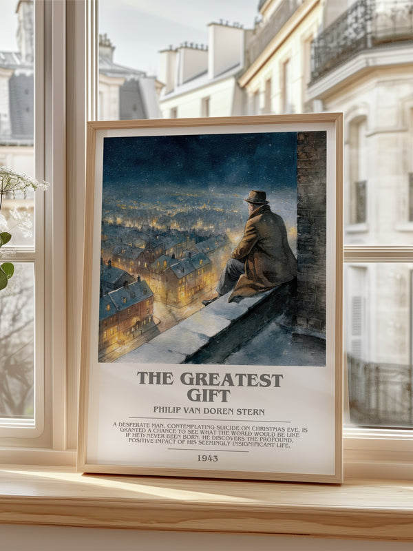 The Greatest Gift Bookish Wall Art by Philip Van Doren Stern – framed print by a bright window