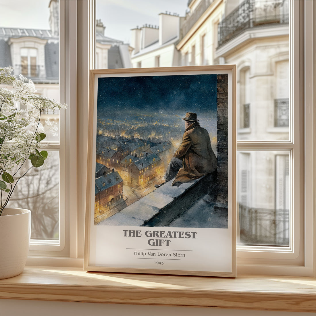 The Greatest Gift Book Cover Poster by Philip Van Doren Stern – framed print by a bright window