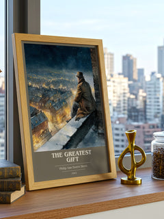 The Greatest Gift Book Cover Poster by Philip Van Doren Stern – framed print on a city-view windowsill