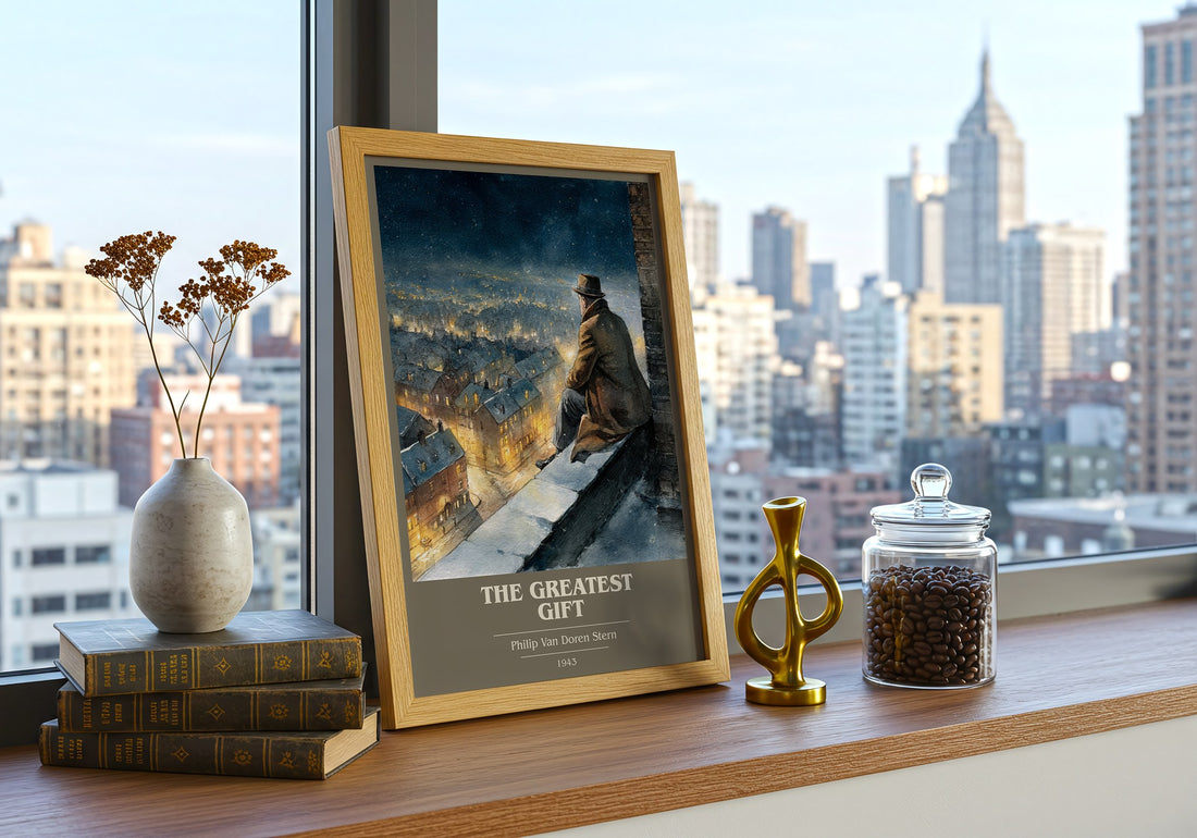 The Greatest Gift Book Cover Poster by Philip Van Doren Stern – framed print on a city-view windowsill