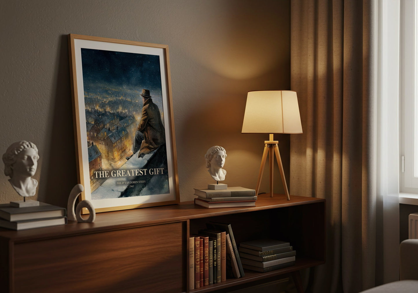 The Greatest Gift watercolour print on bookshelf – Philip Van Doren Stern fan gift