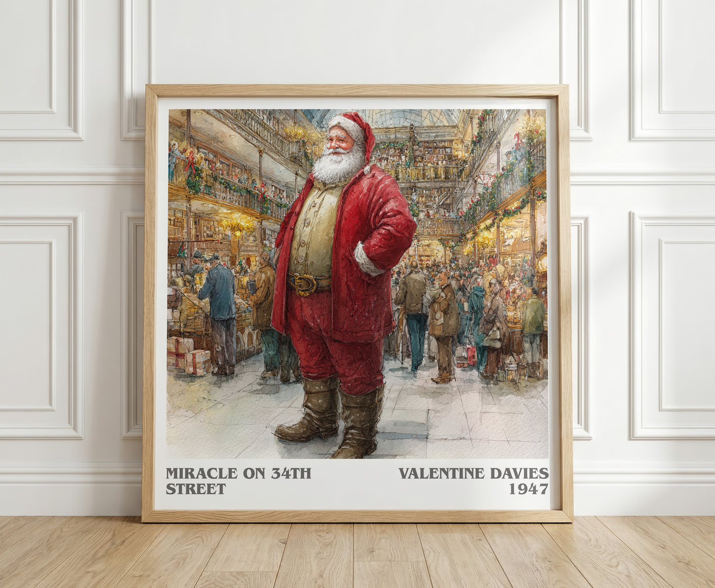 Miracle On 34th Street literary print in frame leaning in hallway – classic literature wall art