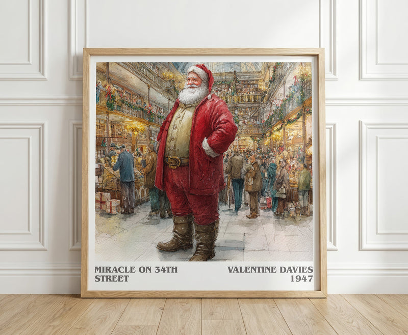 Miracle On 34th Street literary print in frame leaning in hallway – classic literature wall art
