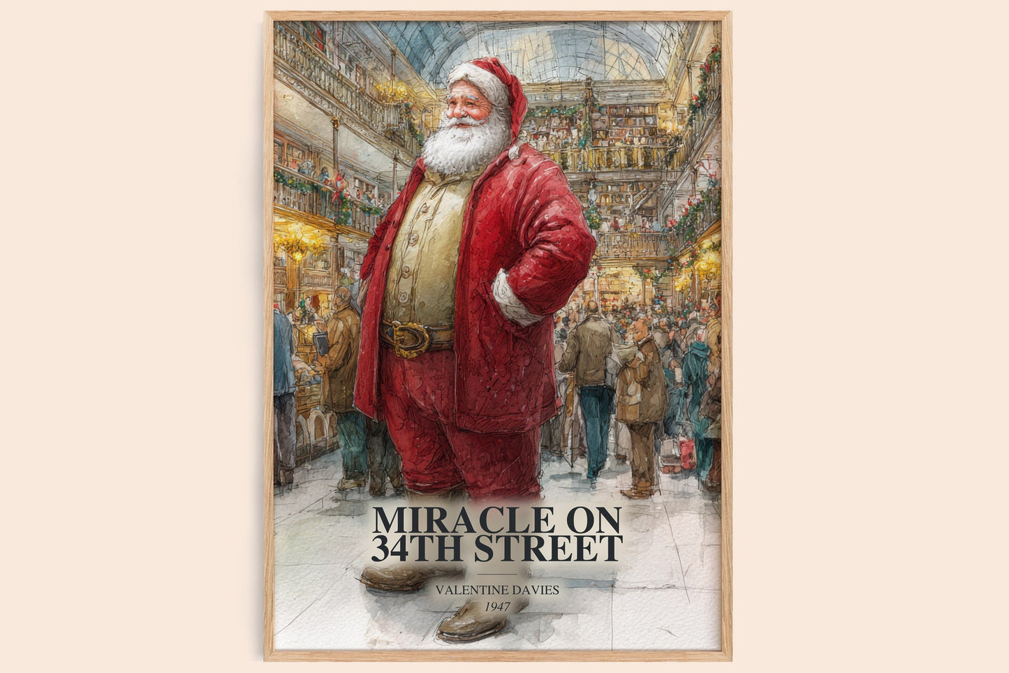 Miracle On 34Th Street watercolour book poster by Valentine Davies – framed literary art print