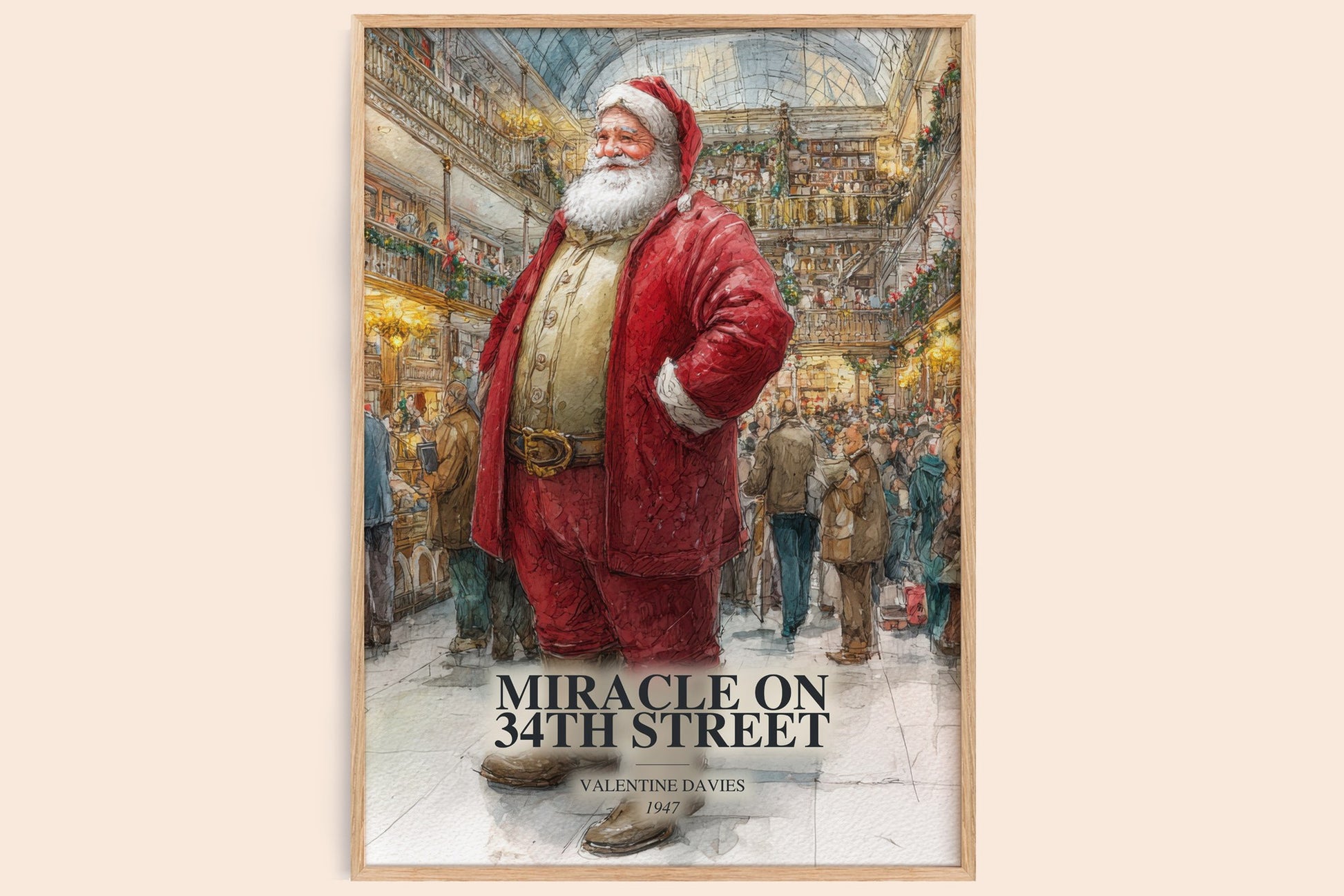 Miracle On 34Th Street watercolour book poster by Valentine Davies – framed literary art print